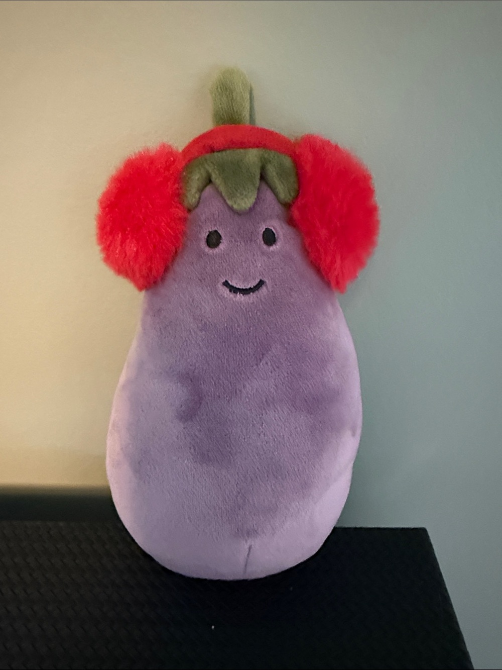 Jellycat Purple Eggplant Plush with Red Earmuffs